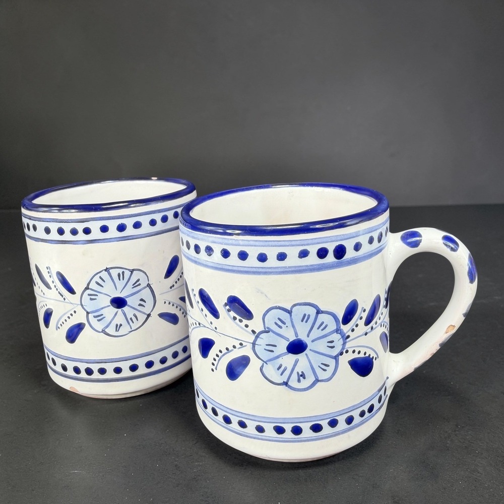 Le Souk Ceramique Tunisia Blue White Hand Painted Floral Coffee‎ Mugs Set 2 READ